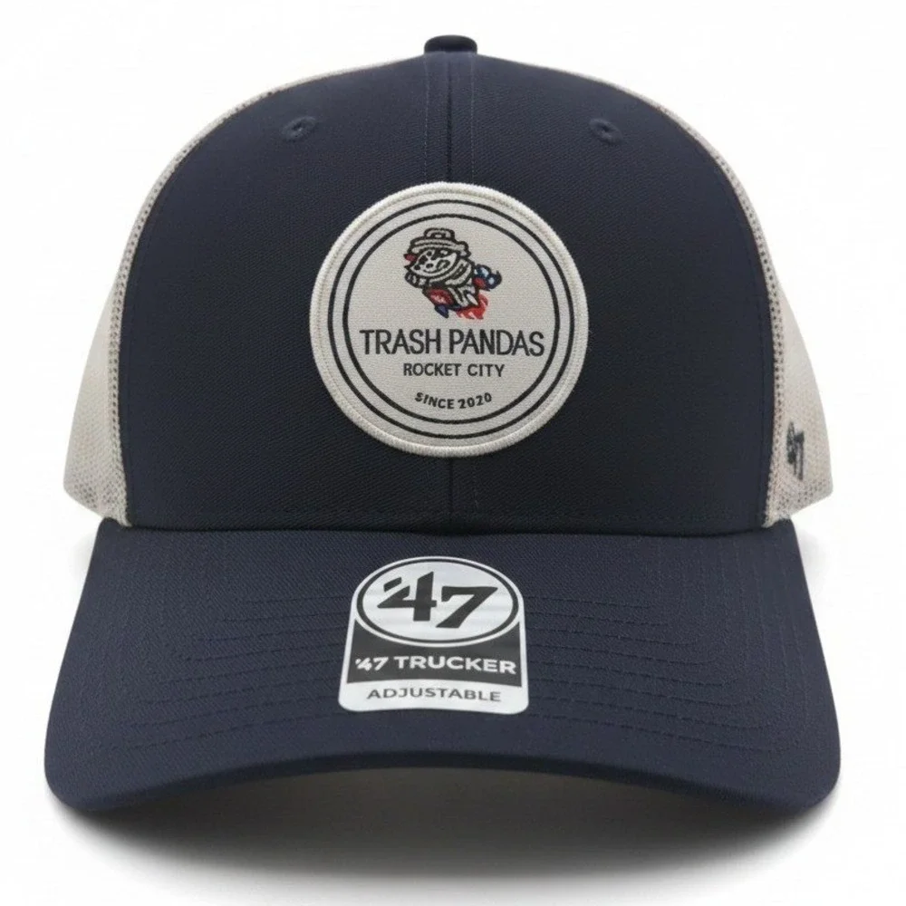 47 Brand Rocket City Trash Pandas Trucker Hat Navy Blue White Snapback MiLB Cap
